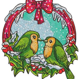 Christmas wreath with birds embroidery design