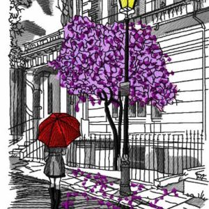 City rain girl under umbrella jacaranda embroidery design