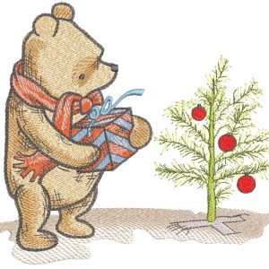 Classic pooh puts gift under Christmas tree embroidery design