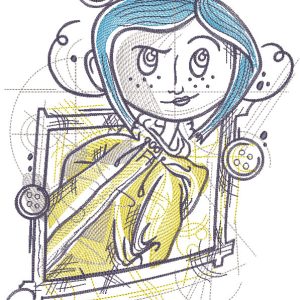 Coraline in window sketch embroidery design