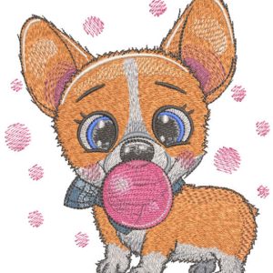 Corgi and bubble gum embroidery design