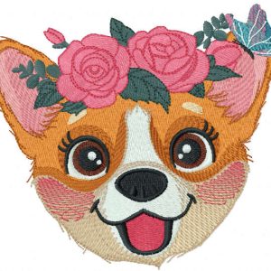 Corgi muzzle with flower wreath embroidery design