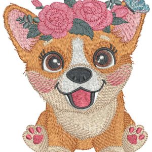 Corgi with flower wreath embroidery design