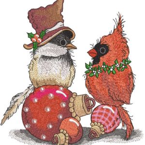 Costumed birds sit on Christmas balls embroidery design
