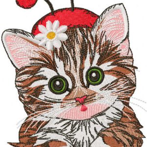 Cute kitten in ladybug costume embroidery design