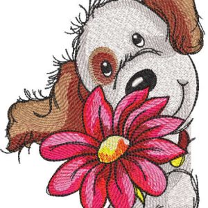 Cute puppy with big flower embroidery design