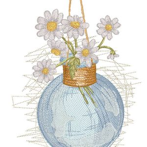 Daisies in a glass hanging vase embroidery design