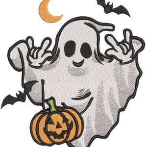 Dancing ghost with pumpkin embroidery design