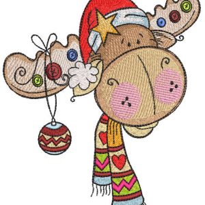 Decorated Christmas moose in santa hat embroidery design