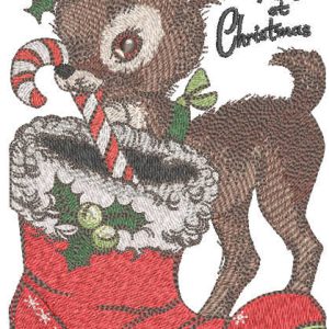 Deer puts candy stick in christmas boot embroidery design