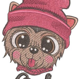 Dog in winter hat with tongue hanging out embroidery design