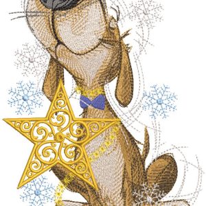 Dog with gold christmas star embroidery design