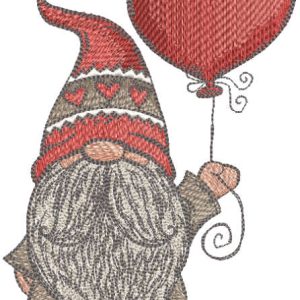 Dwarf with red heart shaped balloon embroidery design