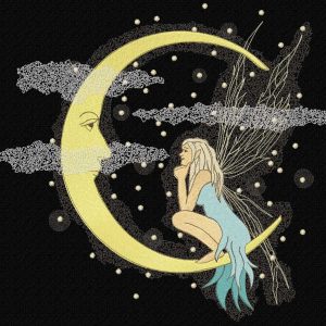 Fairy talking to crescent moon embroidery design
