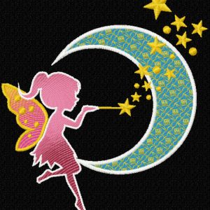 Fairy crescent moon magic wand embroidery design
