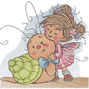 Fairy meet with snail embroidery design