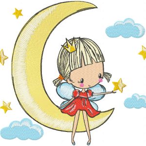 Princess fairy riding a crescent embroidery design