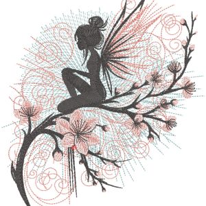 Fairy sitting on a blossoming sakura embroidery design