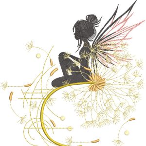 Fairy sitting on a dandelion branch embroidery design