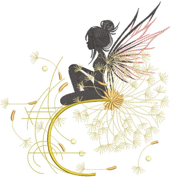 Fairy sitting on a dandelion branch embroidery design