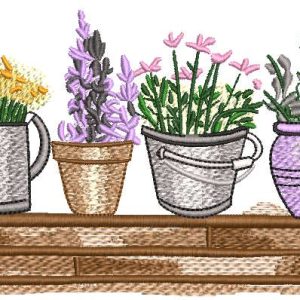 Flower pots on the wooden bench embroidery design