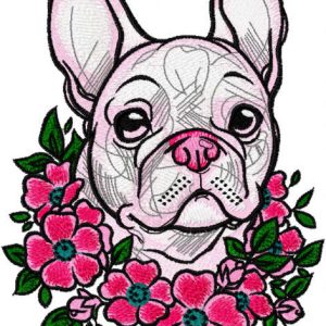French Bulldog in a wreath flowers embroidery design