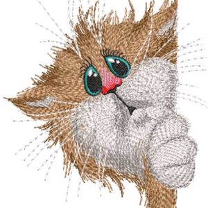 Frightened cat peeking around the corner embroidery design