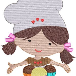 Funny cooking girl with cakes embroidery design