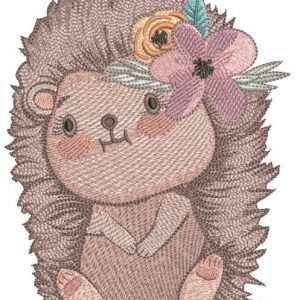 Funny hedgehog with flower wreath embroidery design