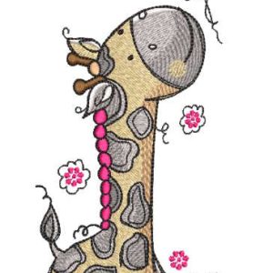 Giraffe looks at a bird carrying a branch embroidery design