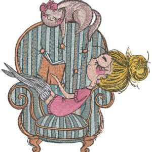 Girl and cat rest together embroidery design