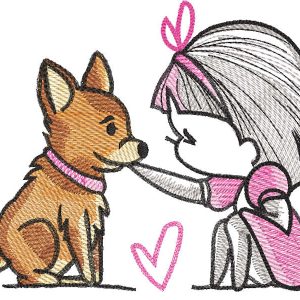 Girl and her dog embroidery design