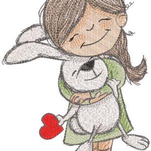 Girl hug hare with heart embroidery design