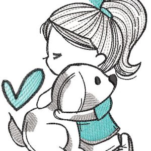 Girl hugging a puppy embroidery design