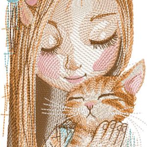 Girl and ginger cat embroidery design