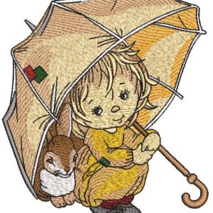 Girl and hare under old umbrella embroidery design