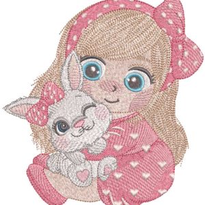 Girl with her favorite baby bunny embroidery design