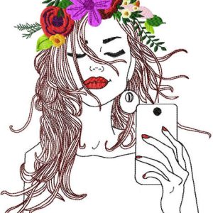 Girl with mobile phone embroidery design
