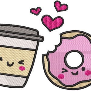 Glass of coffee and donut embroidery design
