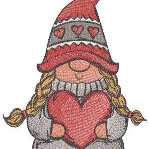 Gnome girl with red heart embroidery design
