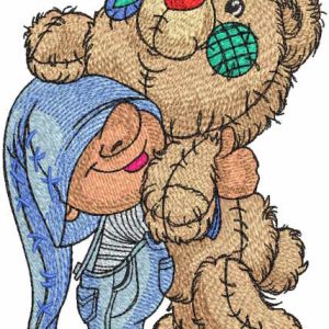 Gnome hugging big teddy bear embroidery design