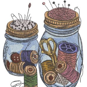 Grandmother's jars with needlework items embroidery design