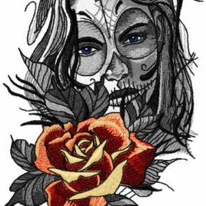 Greyscale sugar girl rose embroidery design