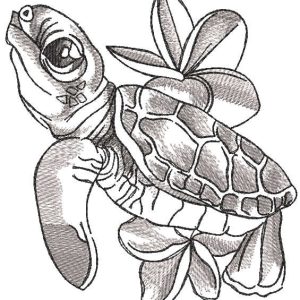 Greyscale turtle with flower embroidery design