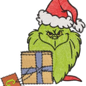 Grinch gnome with gift box embroidery design