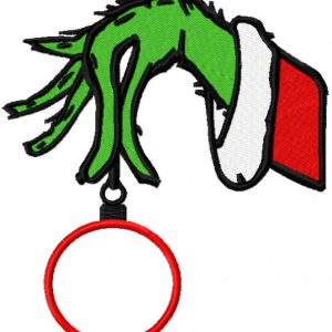 Grinch's hand holding christmas ball embroidery design