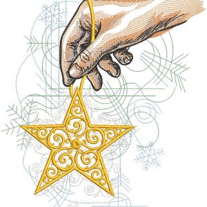 Hand holding Christmas gold star embroidery design