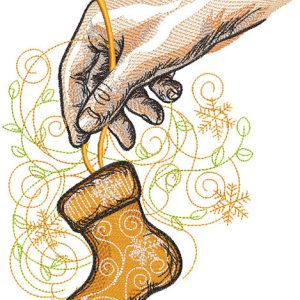 Hand holding a small Christmas Stocking embroidery design