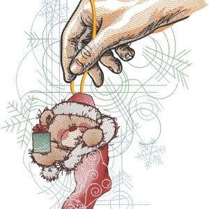 Hand holding Christmas sock with bear embroidery design
