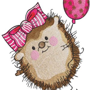 Hedgehog girl with pink balloon embroidery design